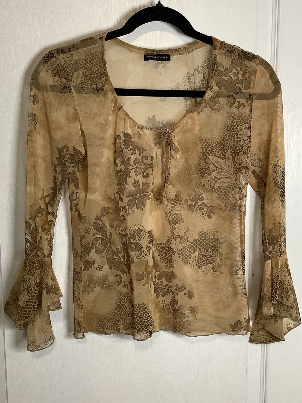 Y2K FAIRWEATHER Sheer Floral Tie-Neck Blouse in Tan